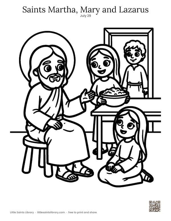 Saints Martha, Mary and Lazarus coloring sheet, preview